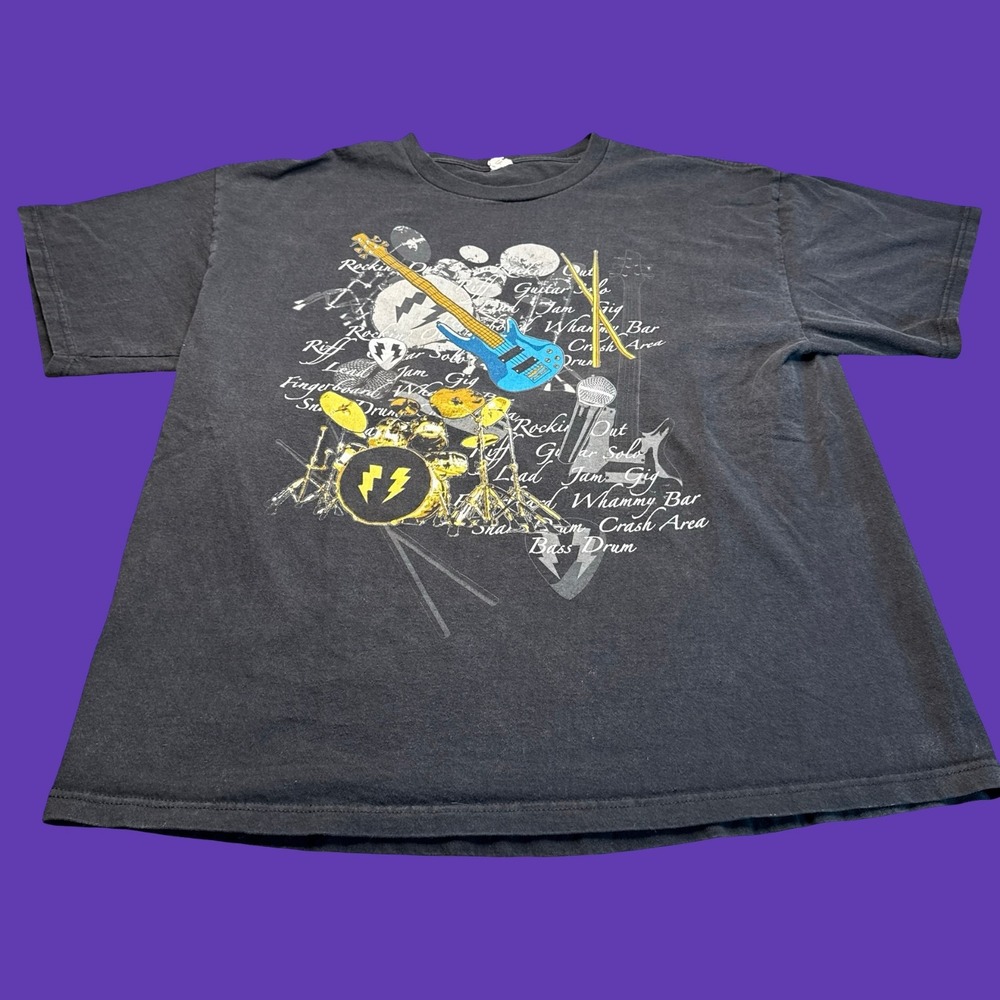 Rock Music T Shirt XL Black Faded Guitar Drums Graphic Delta Pro Weight Y2K